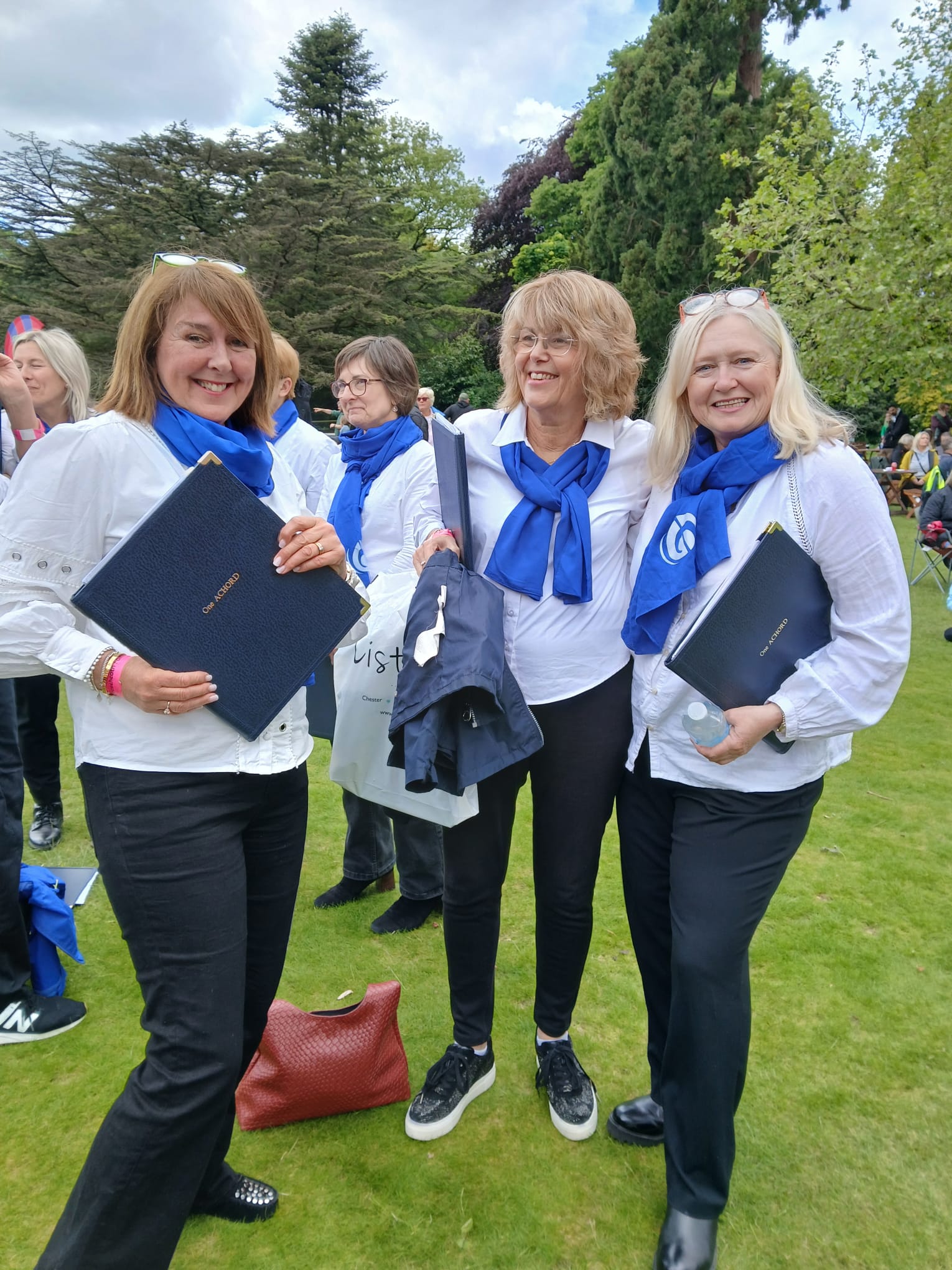 One Achord members together outdoors at a summer event, wearing blue scarves.